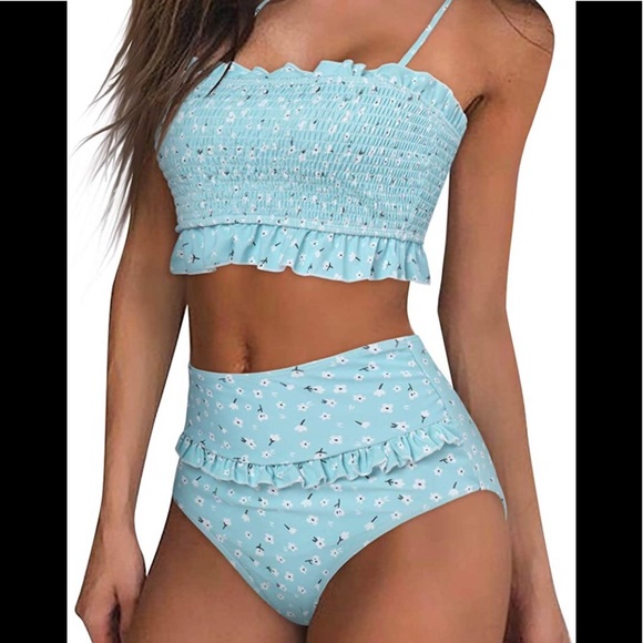 MOOSLOVER Women's Shirred Bandeau Bikini Top High Waisted Bottom 2 P Swimsuits - Picture 5 of 9